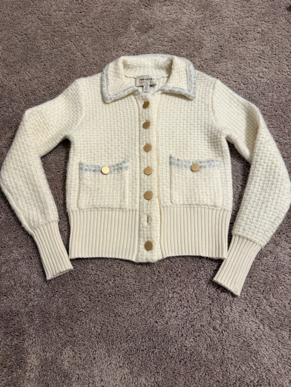 Industry Textured collared Cream Button-Front Cardigan with Gold Buttons